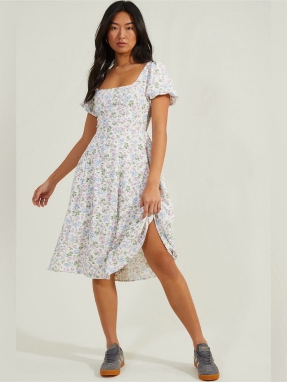 Altar'd State White Midi Dress with Lavender Floral Print